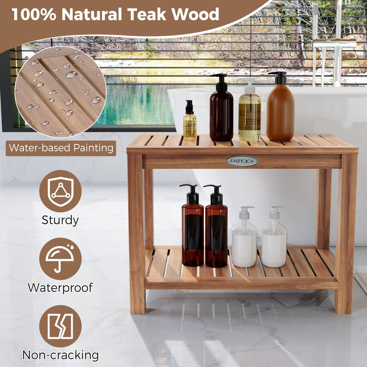 24 Inch Teak Wood Shower Bench Inside Shower Stool with Storage Shelf view 7