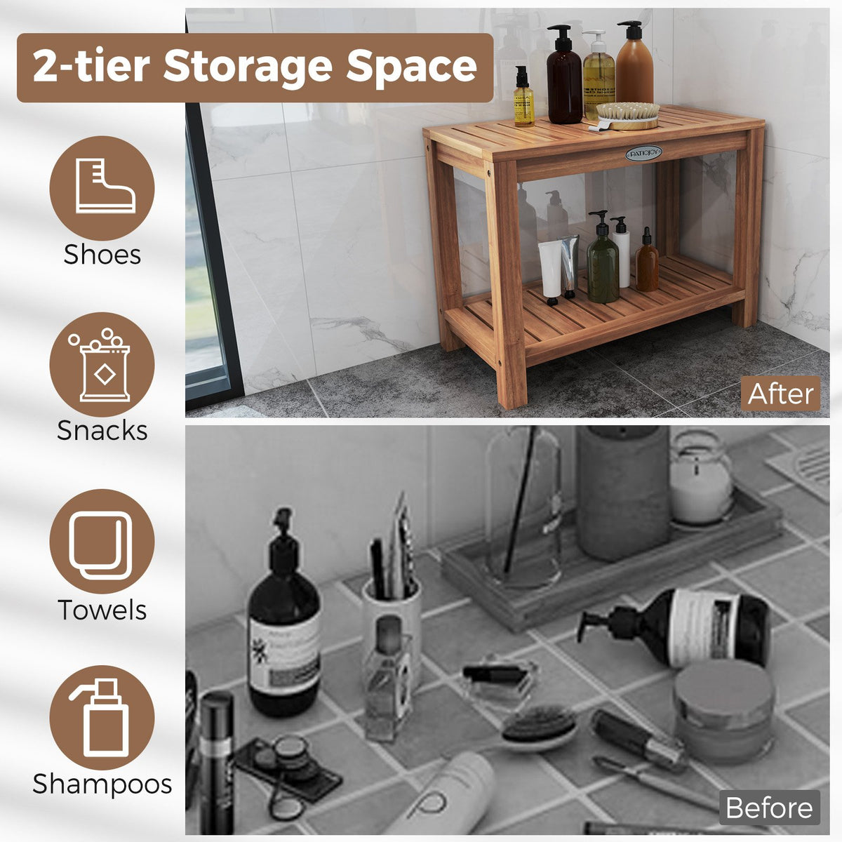 24 Inch Teak Wood Shower Bench Inside Shower Stool with Storage Shelf view 8
