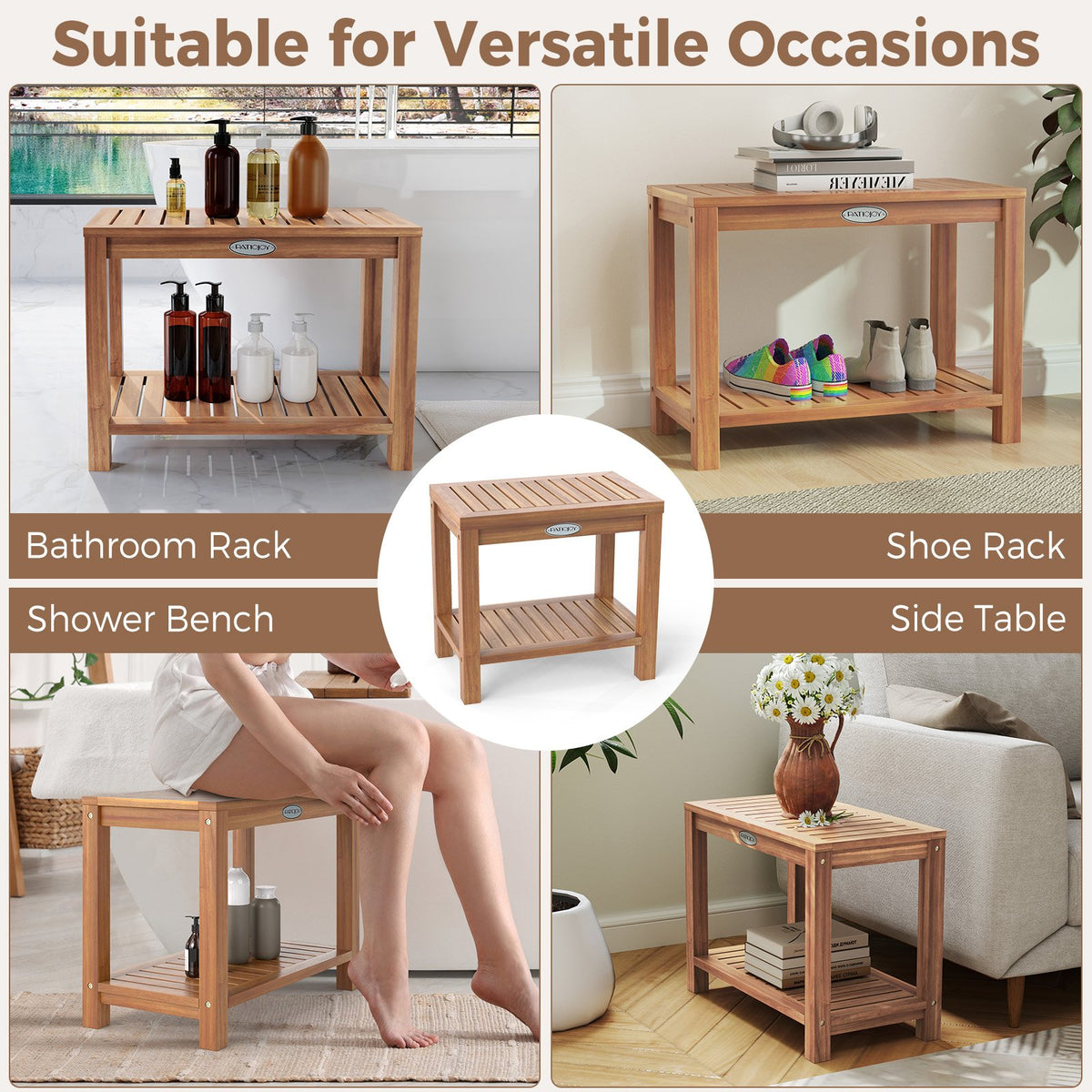 24 Inch Teak Wood Shower Bench Inside Shower Stool with Storage Shelf view 9