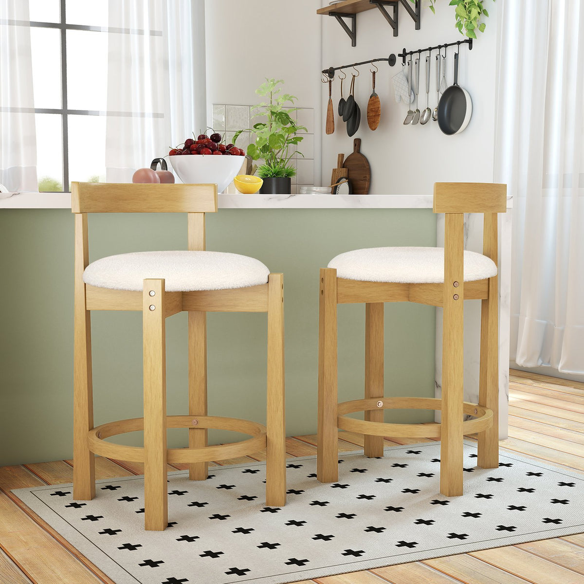24 Inch Teddy Velvet Upholstered Counter Height Bar Stools with Backrests and Footrests-Set of 2 view 3