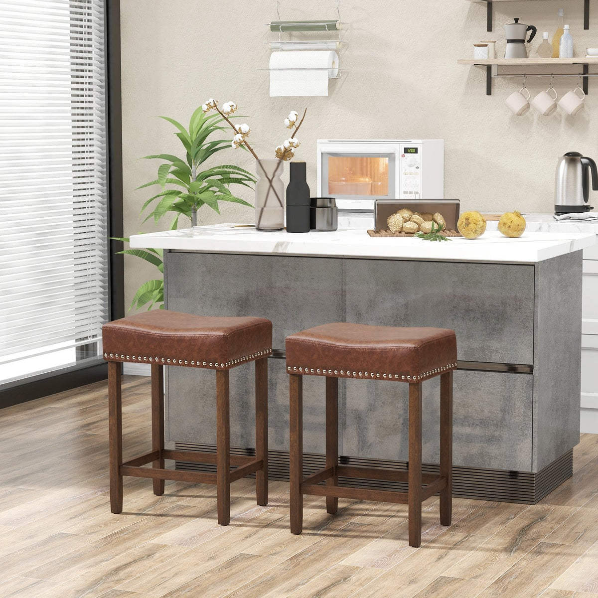 24 Inch Upholstered PU Leather Bar Stools Set of 2-Brown view 2