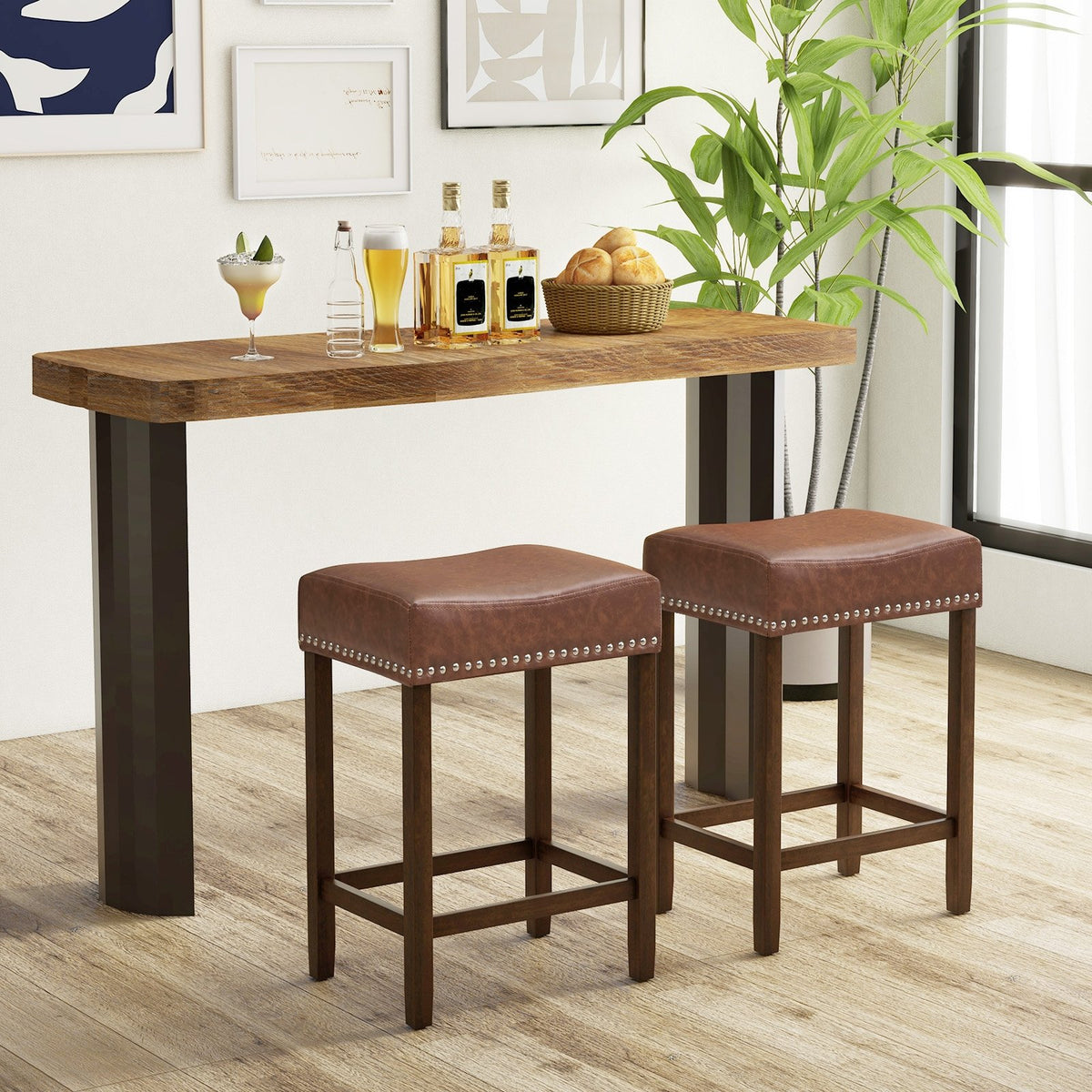 24 Inch Upholstered PU Leather Bar Stools Set of 2-Brown view 3