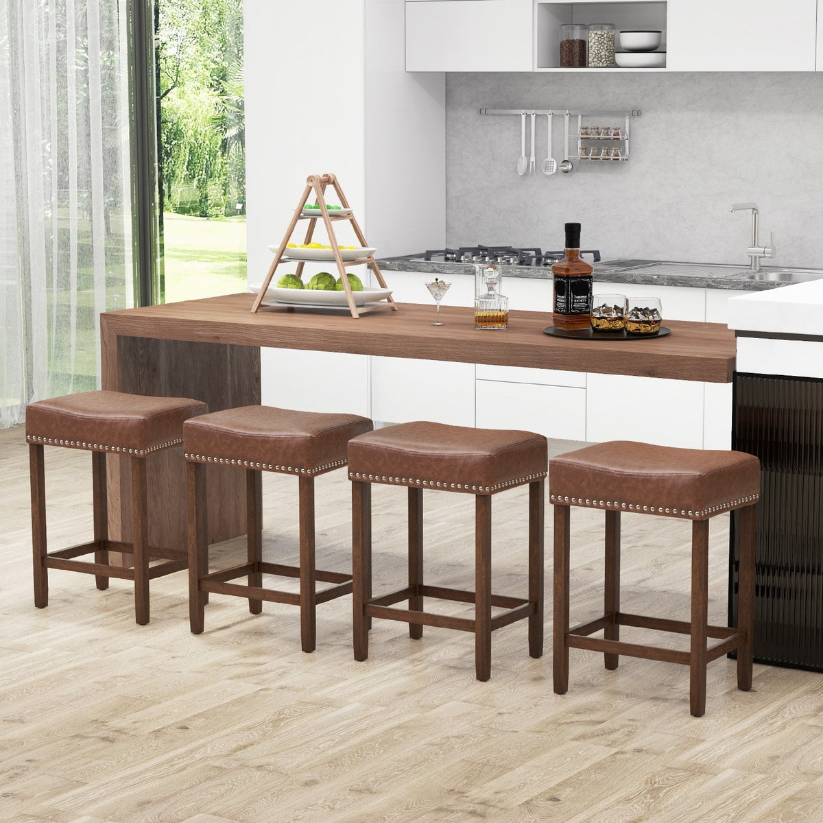 24 Inch Upholstered PU Leather Bar Stools Set of 2-Brown view 7
