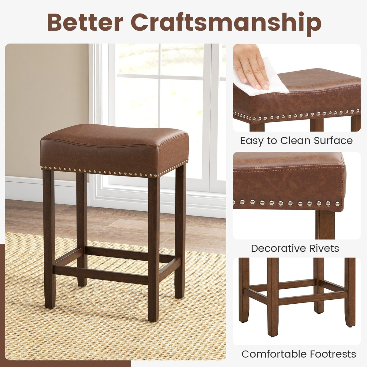 24 Inch Upholstered PU Leather Bar Stools Set of 2-Brown view 8