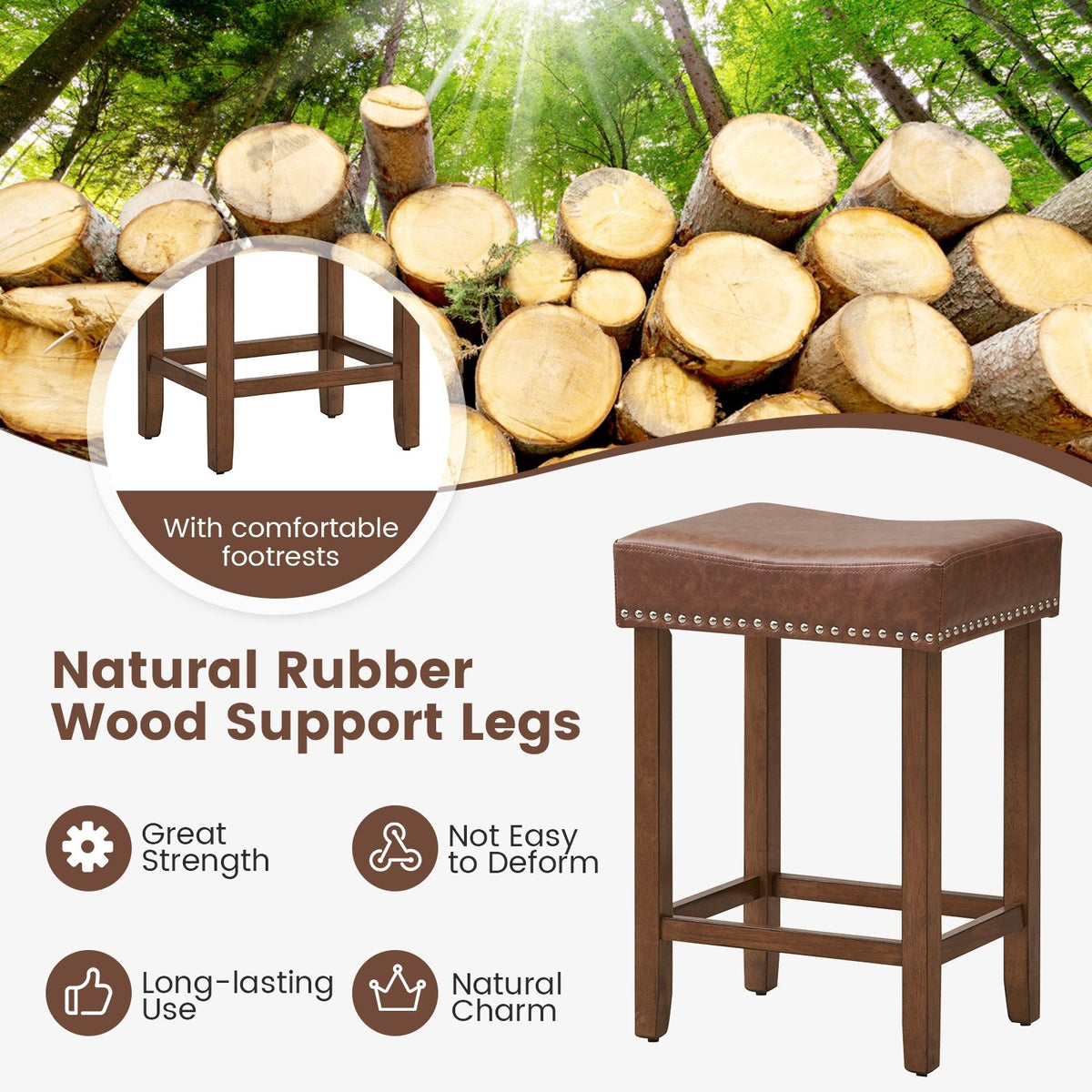 24 Inch Upholstered PU Leather Bar Stools Set of 2-Brown view 9