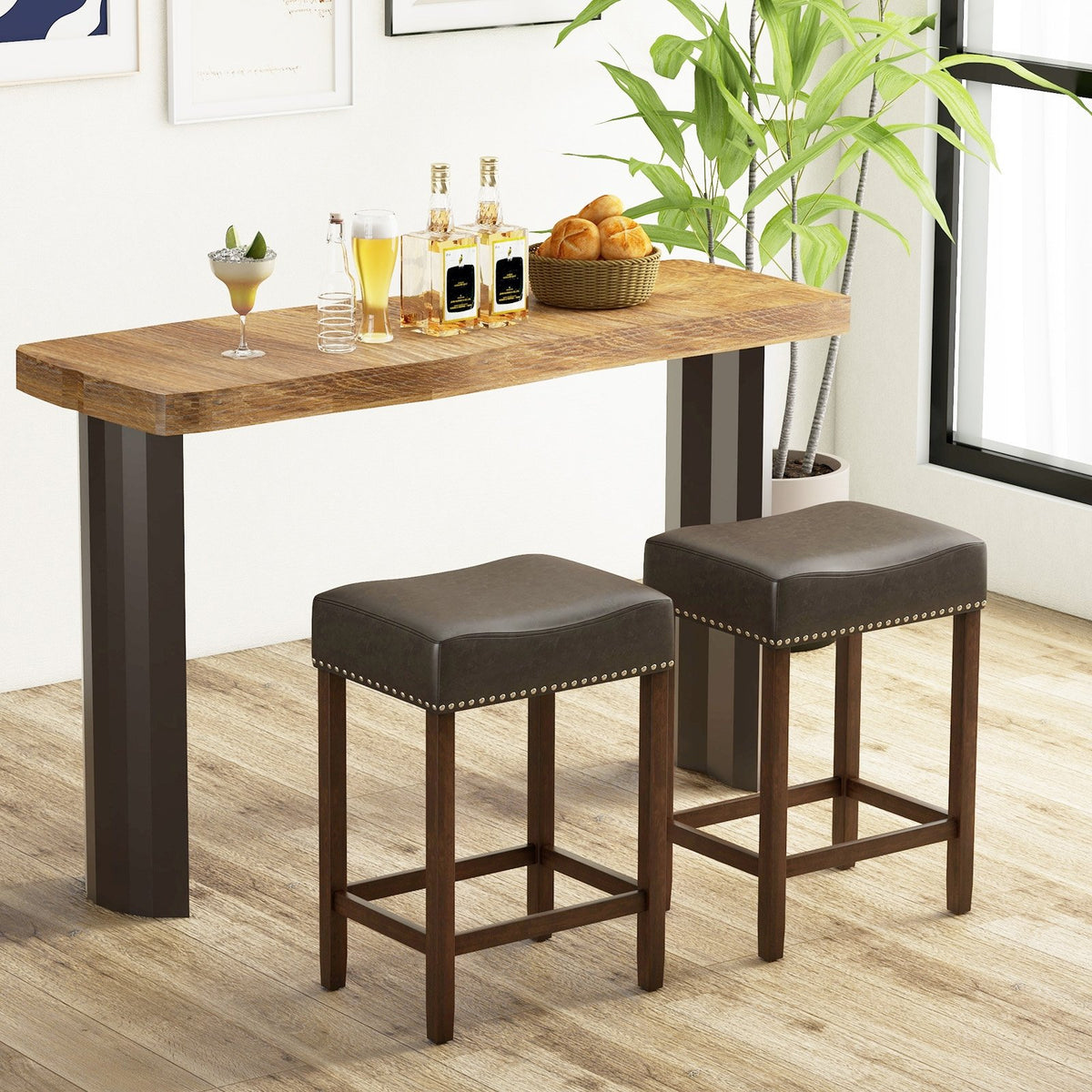 24 Inch Upholstered PU Leather Bar Stools Set of 2-Gray view 3