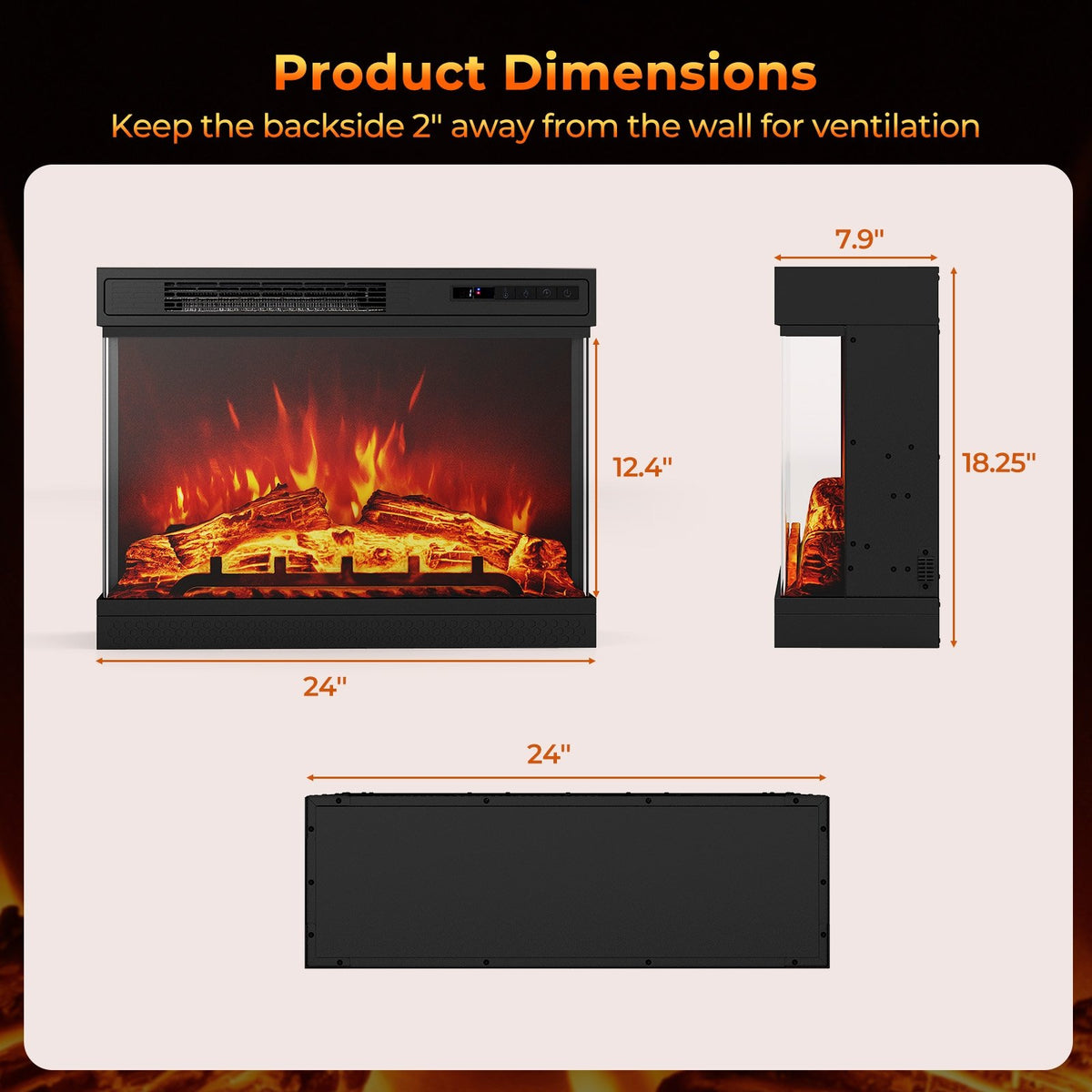 24 Inches 3-Sided Glass Electric Fireplace Heater with Remote Control view 5