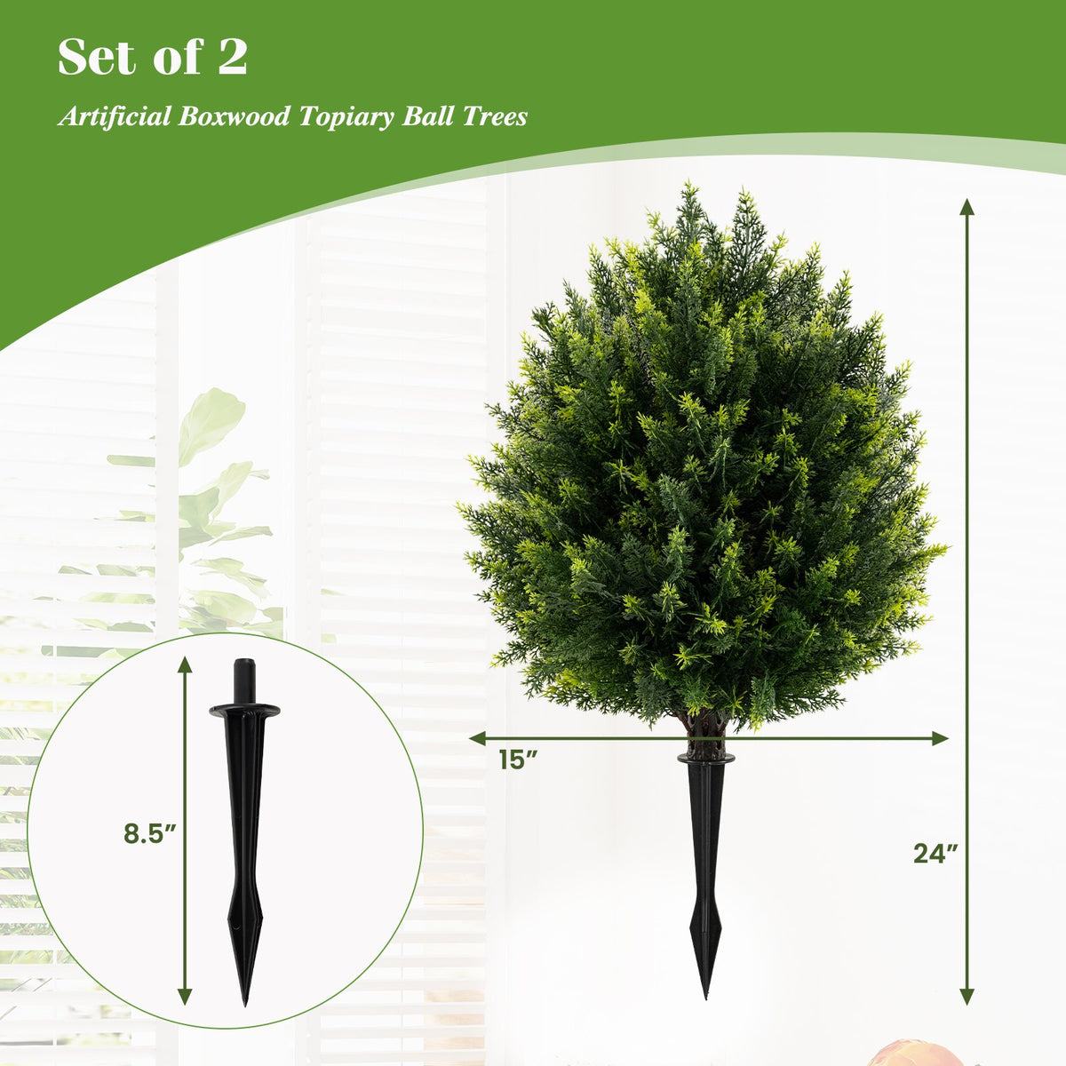 24 Inches Artificial Cypress Topiary Ball Tree Set with Ground Spike-Green view 5