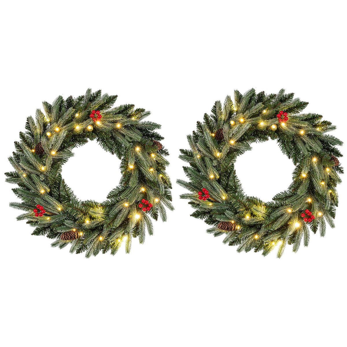 24” Pre-lit Christmas Wreath Set of 2 Front Door Artificial Xmas Wreath with 90 Frosted Branch Tips