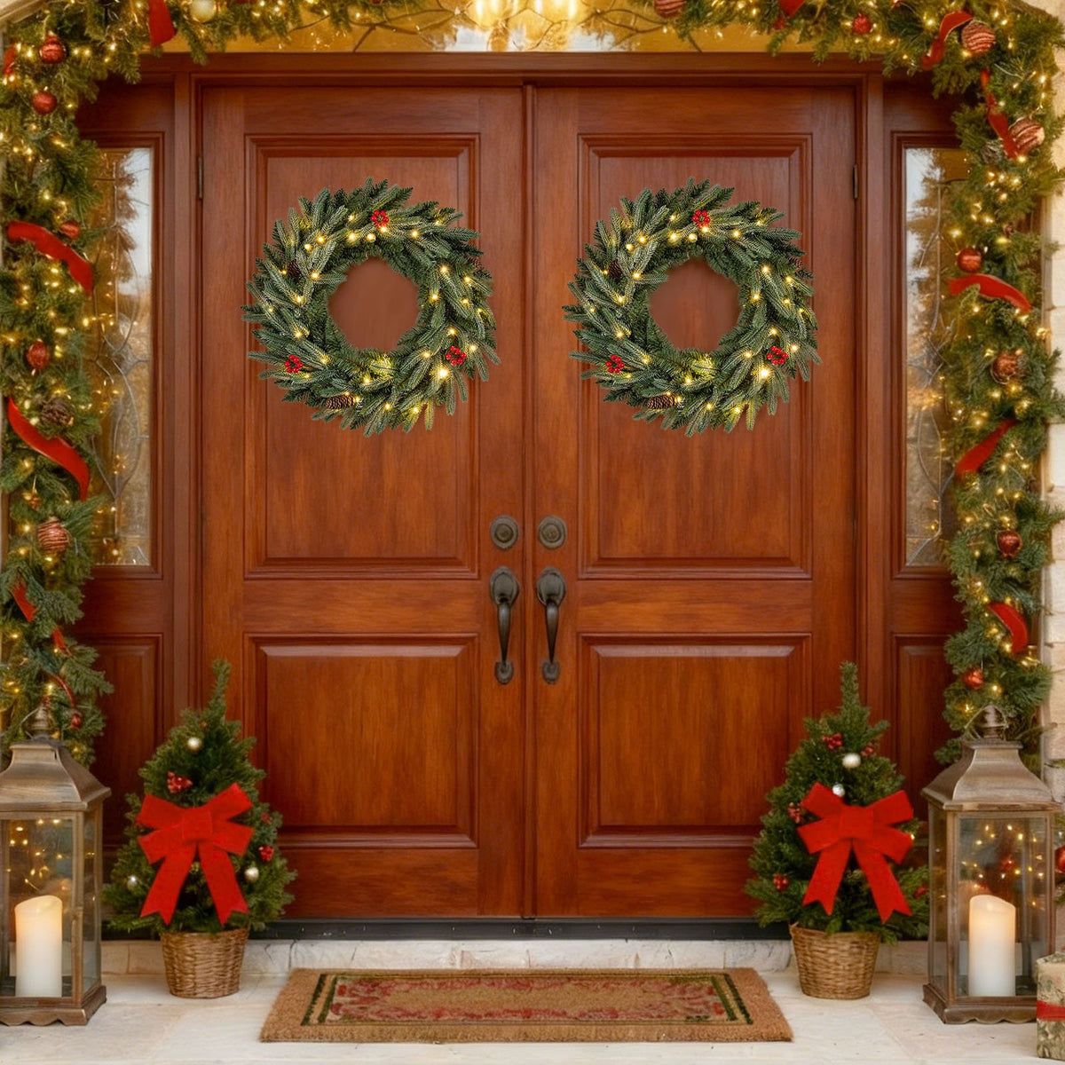 24” Pre-lit Christmas Wreath Set of 2 Front Door Artificial Xmas Wreath with 90 Frosted Branch Tips view 2
