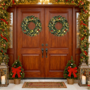 24” Pre-lit Christmas Wreath Set of 2 Front Door Artificial Xmas Wreath with 90 Frosted Branch Tips view 2