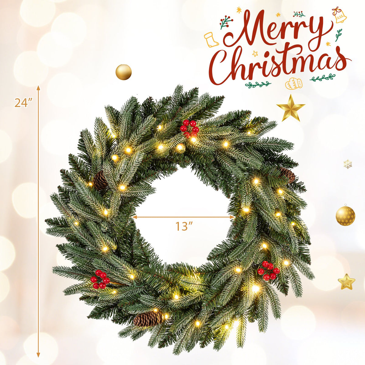 24” Pre-lit Christmas Wreath Set of 2 Front Door Artificial Xmas Wreath with 90 Frosted Branch Tips view 4