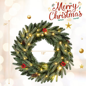24” Pre-lit Christmas Wreath Set of 2 Front Door Artificial Xmas Wreath with 90 Frosted Branch Tips view 4