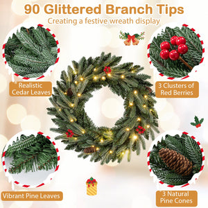 24” Pre-lit Christmas Wreath Set of 2 Front Door Artificial Xmas Wreath with 90 Frosted Branch Tips view 6