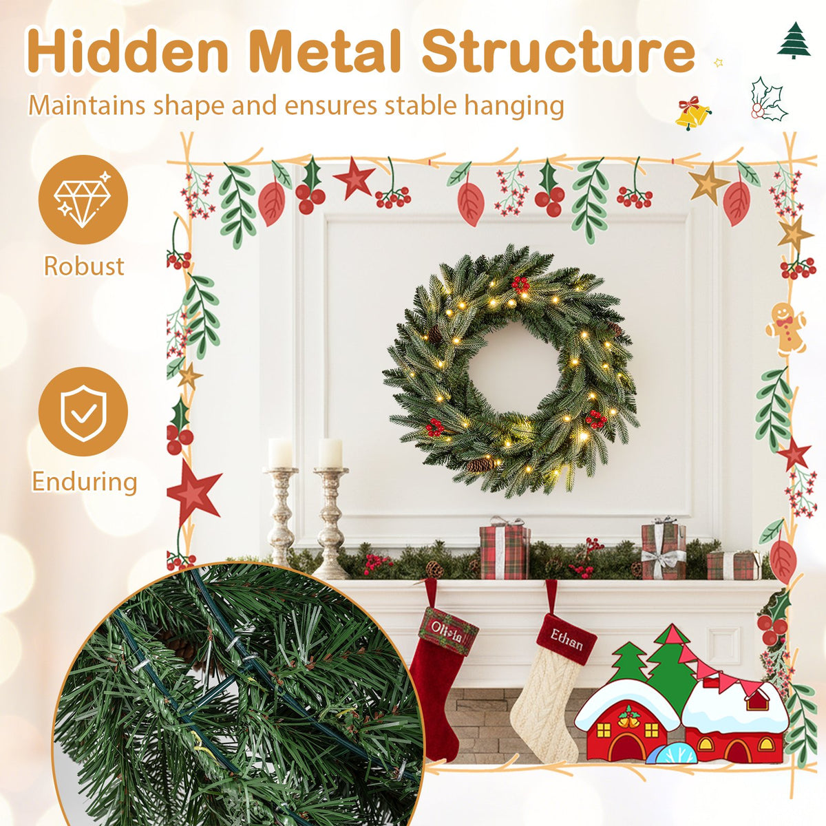 24” Pre-lit Christmas Wreath Set of 2 Front Door Artificial Xmas Wreath with 90 Frosted Branch Tips view 8