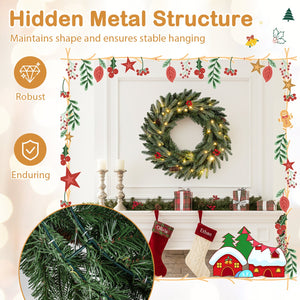 24” Pre-lit Christmas Wreath Set of 2 Front Door Artificial Xmas Wreath with 90 Frosted Branch Tips view 8