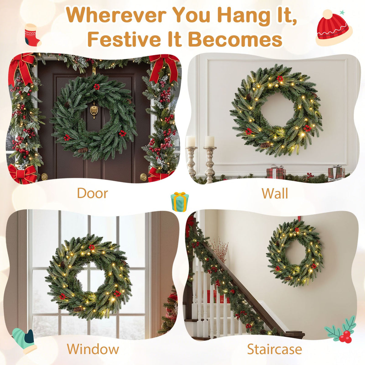 24” Pre-lit Christmas Wreath Set of 2 Front Door Artificial Xmas Wreath with 90 Frosted Branch Tips view 9