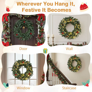 24” Pre-lit Christmas Wreath Set of 2 Front Door Artificial Xmas Wreath with 90 Frosted Branch Tips view 9