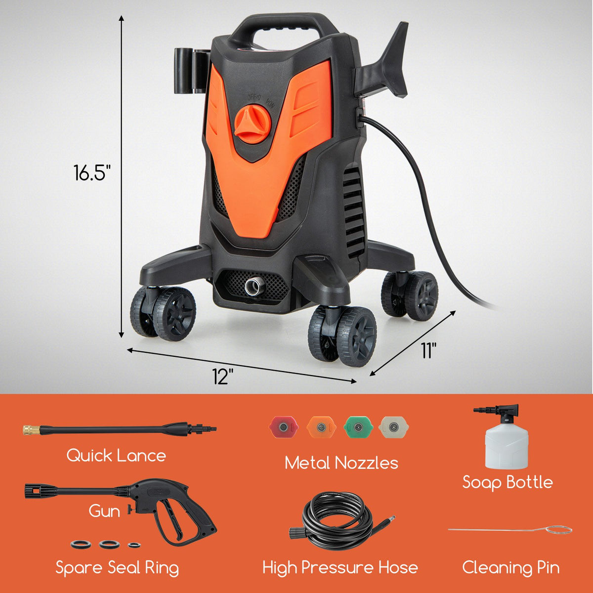 2400 PSI Electric Pressure Washer with 4 Universal Wheels-Orange view 3