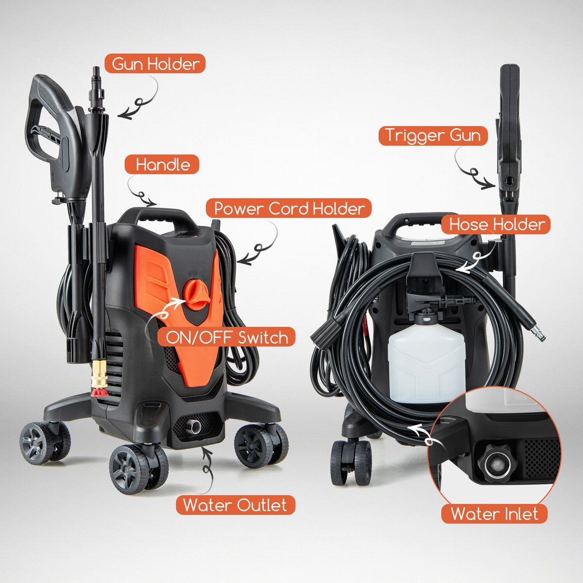 2400 PSI Electric Pressure Washer with 4 Universal Wheels-Orange view 8
