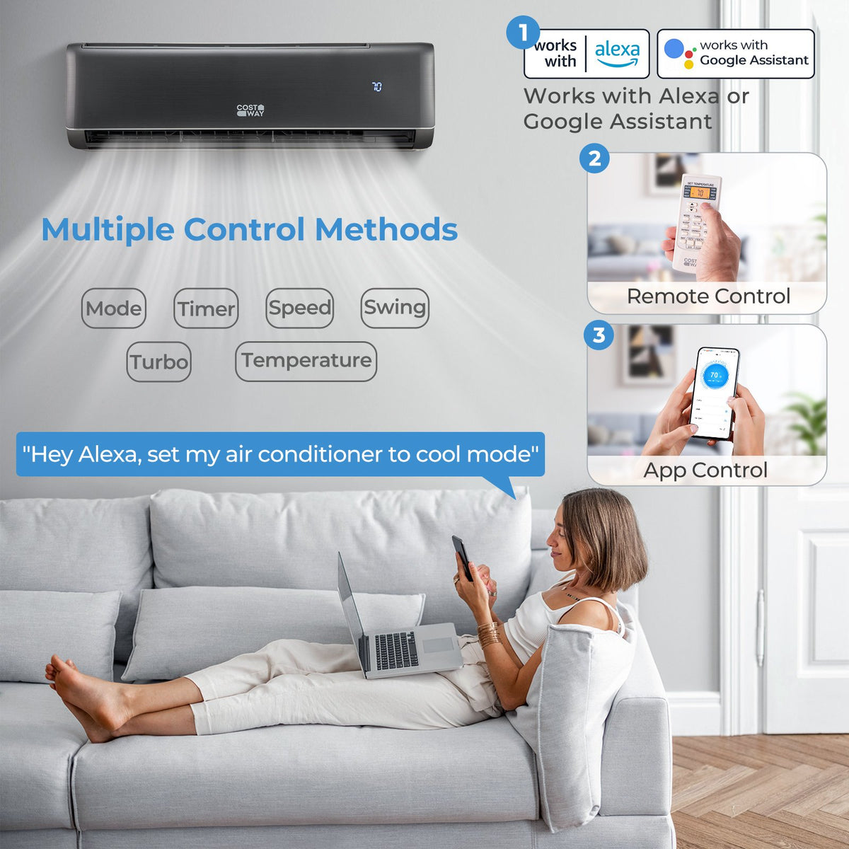 GreyVolt Series Energy Star Certified 24000 BTU 21 SEER2 208-230V Mini Split Air Conditioner and Heater Gray Wifi Enabled view 3