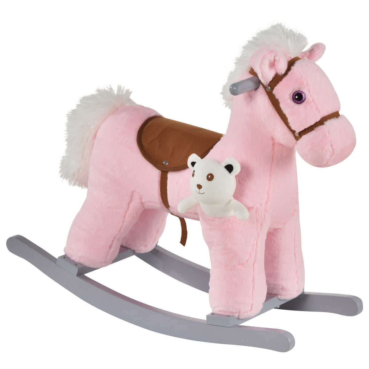 Qaba Kids Rocking Horse Plush Animal on Wooden Rockers with Sounds, Wooden Base and Bear Toy, Baby Rocking Chair