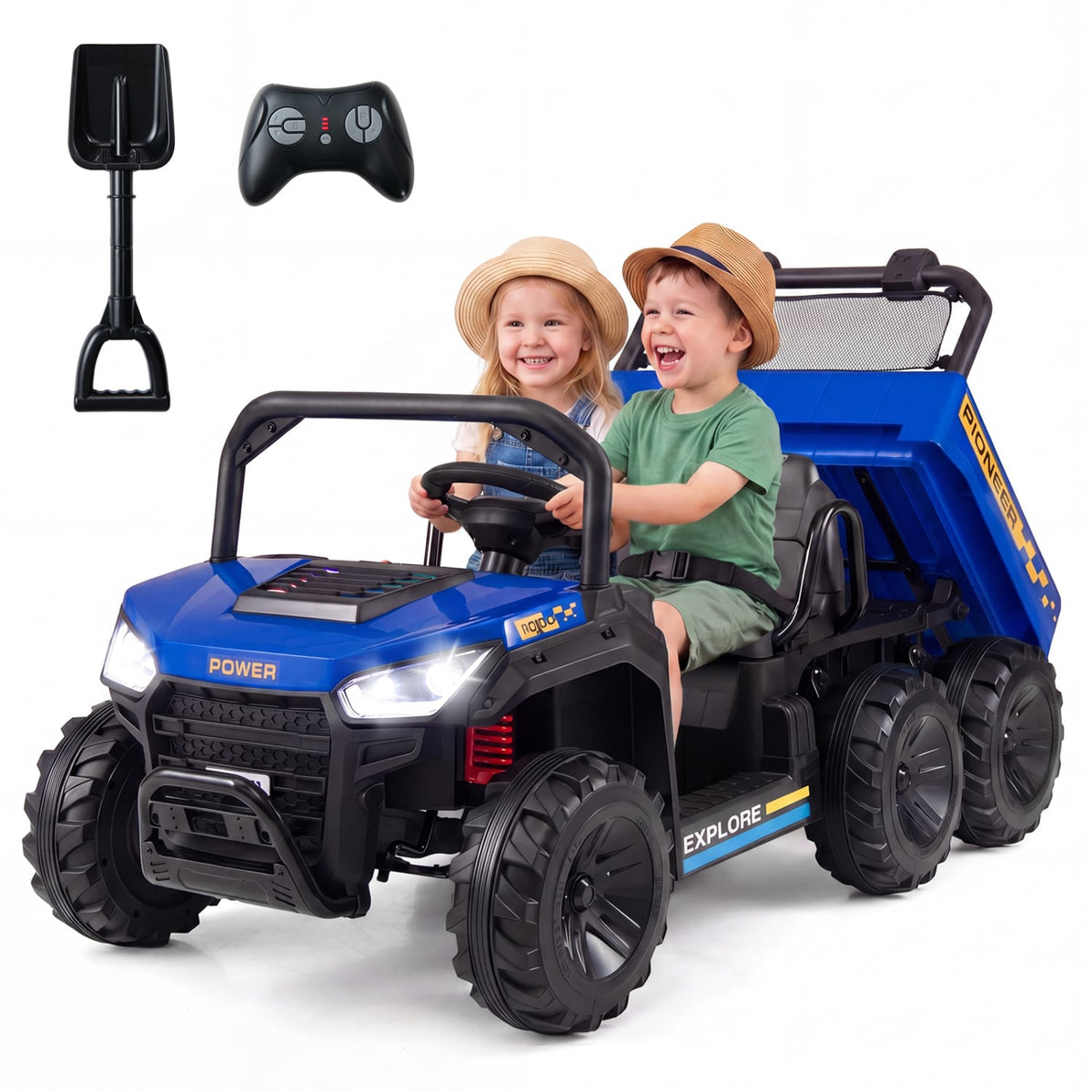 24V 2-Seater Kids Ride on Dump Truck 4WD with Electric Dump Bed and Lights-Navy
