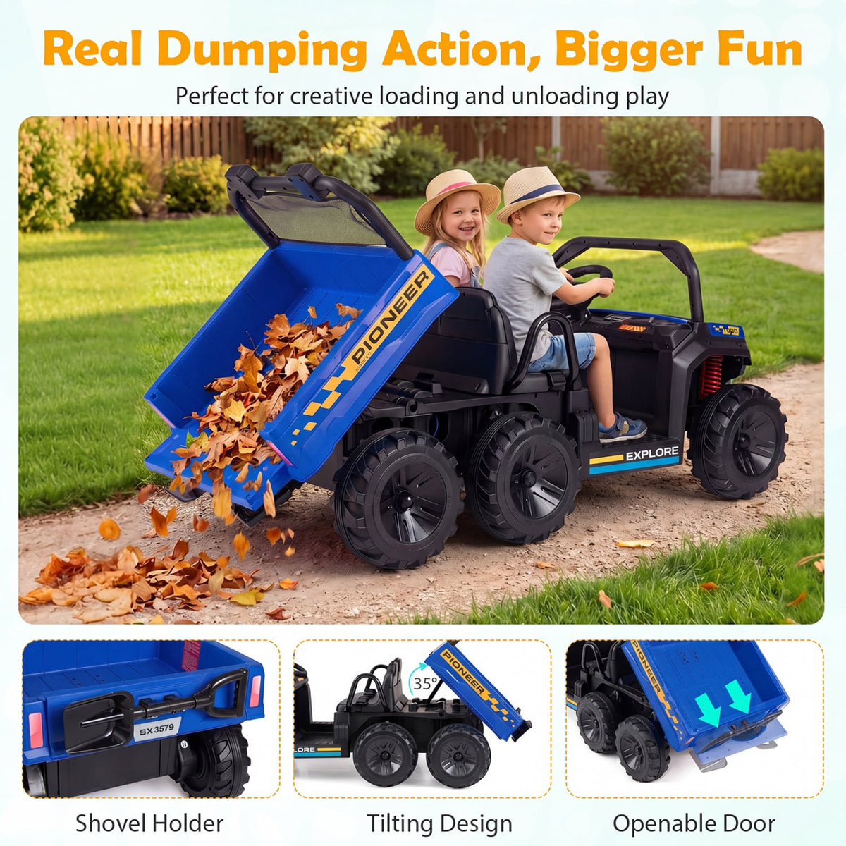 24V 2-Seater Kids Ride on Dump Truck 4WD with Electric Dump Bed and Lights-Navy view 7