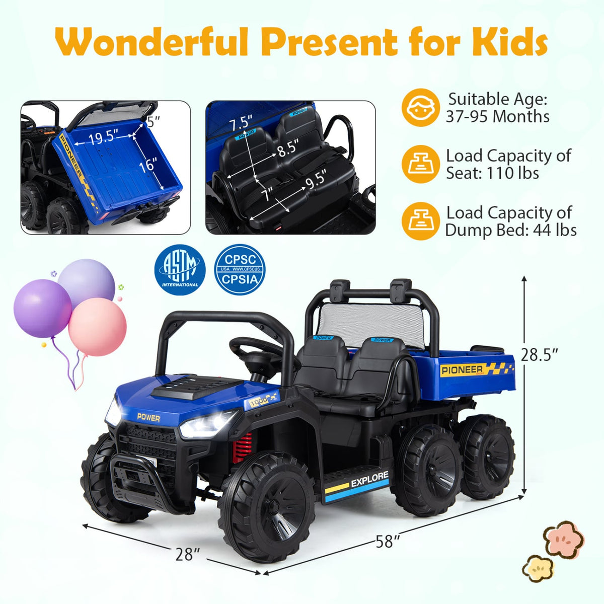24V 2-Seater Kids Ride on Dump Truck 4WD with Electric Dump Bed and Lights-Navy view 4