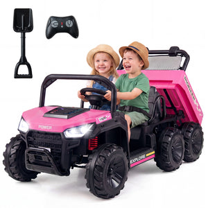 24V 2-Seater Kids Ride on Dump Truck 4WD with Electric Dump Bed and Lights-Pink