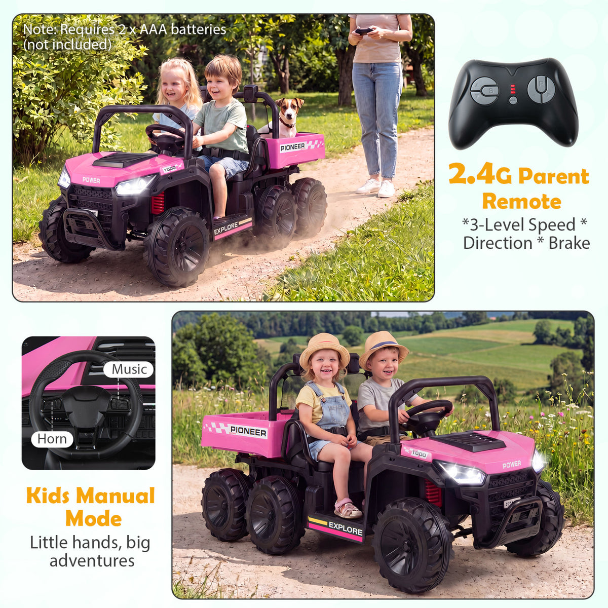 24V 2-Seater Kids Ride on Dump Truck 4WD with Electric Dump Bed and Lights-Pink view 5