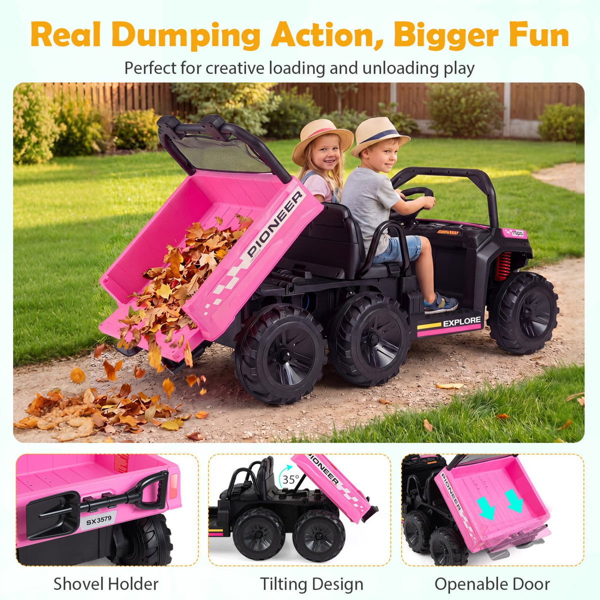 24V 2-Seater Kids Ride on Dump Truck 4WD with Electric Dump Bed and Lights-Pink view 7