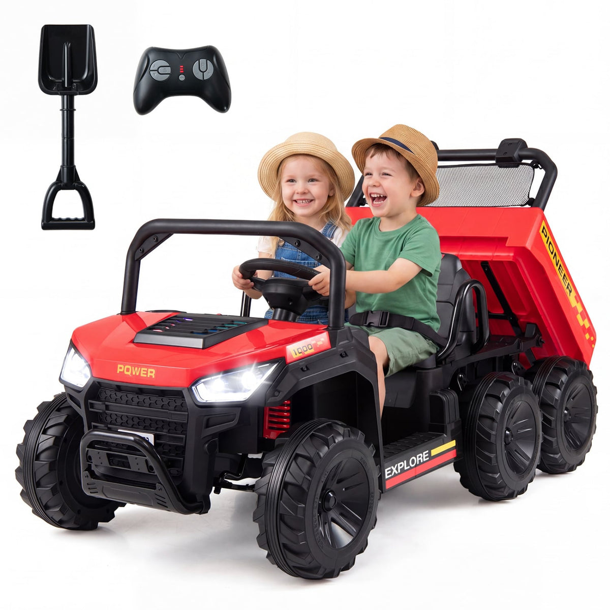 24V 2-Seater Kids Ride on Dump Truck 4WD with Electric Dump Bed and Lights-Red