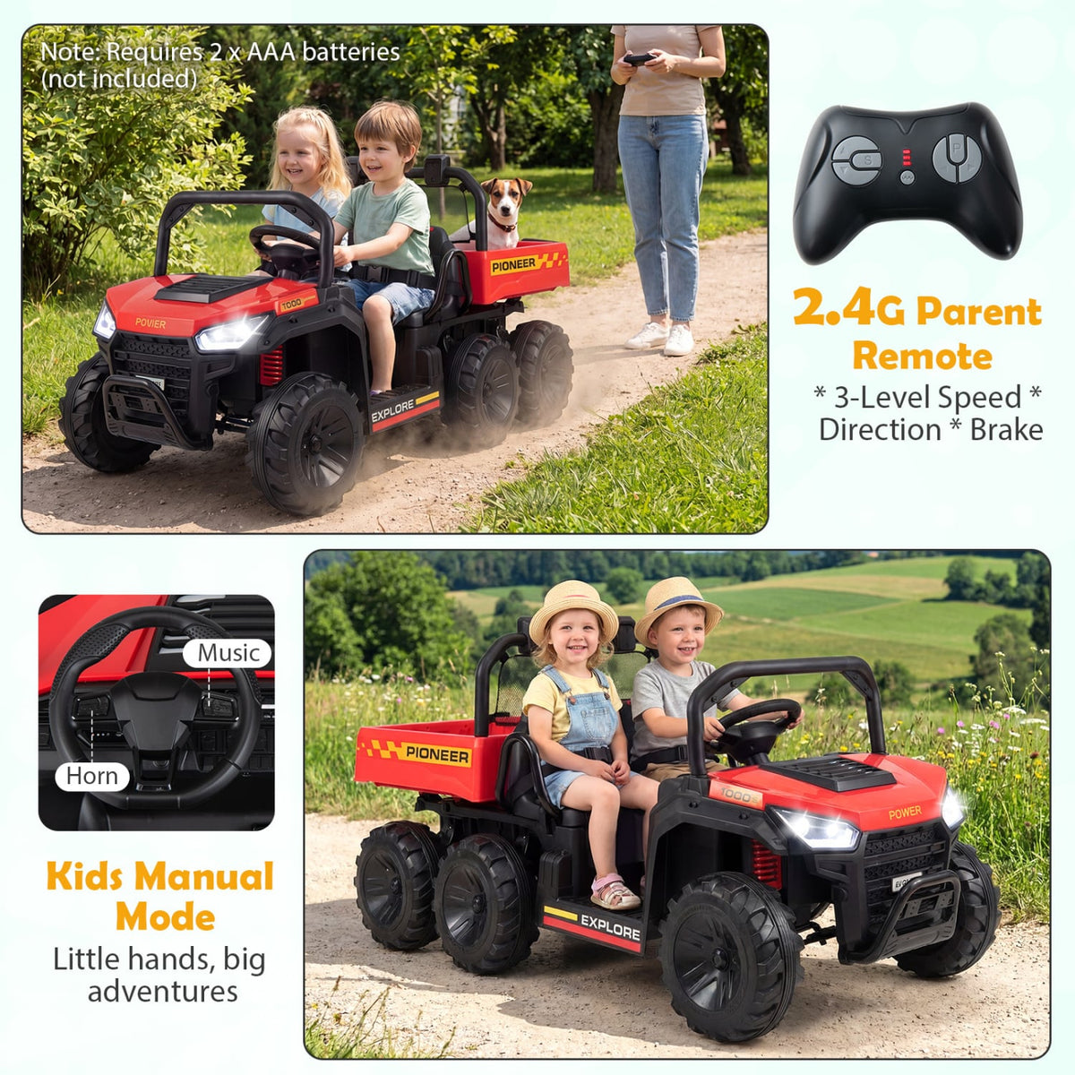 24V 2-Seater Kids Ride on Dump Truck 4WD with Electric Dump Bed and Lights-Red view 5