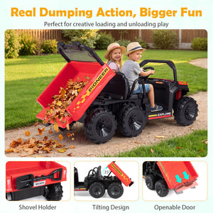 24V 2-Seater Kids Ride on Dump Truck 4WD with Electric Dump Bed and Lights-Red view 7