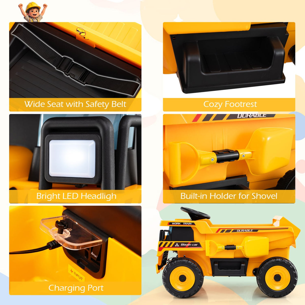 24V Construction Electric Vehicle with Dump Bed and Remote Control for Aged 3-8-Yellow view 7