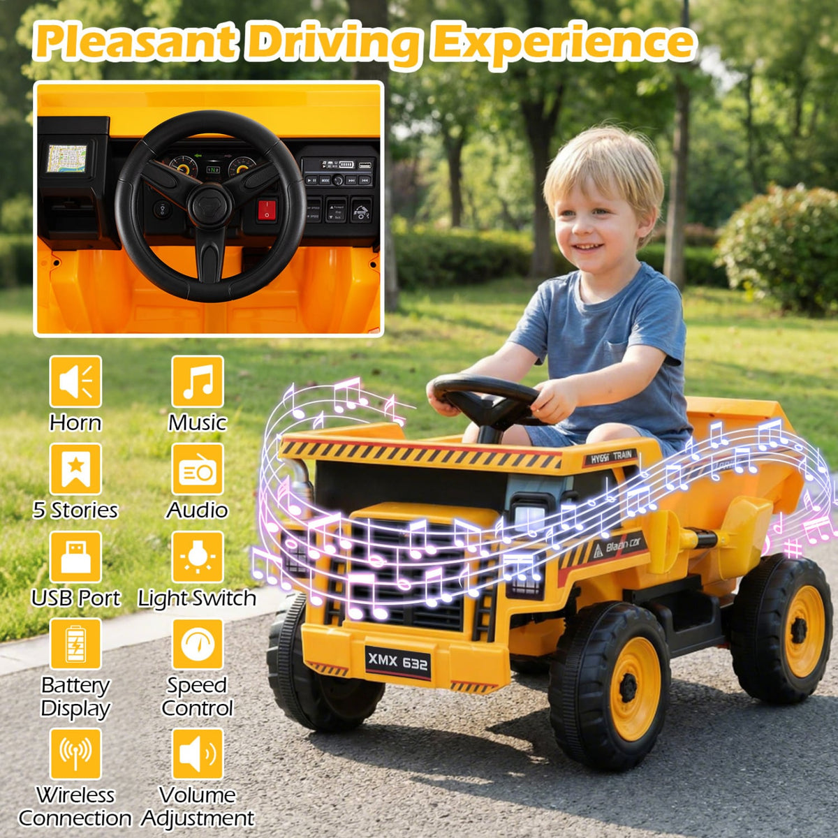 24V Construction Electric Vehicle with Dump Bed and Remote Control for Aged 3-8-Yellow view 8