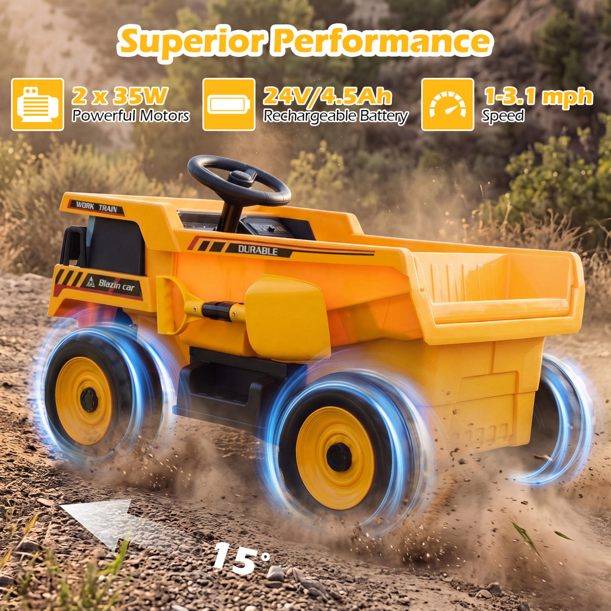 24V Construction Electric Vehicle with Dump Bed and Remote Control for Aged 3-8-Yellow view 9
