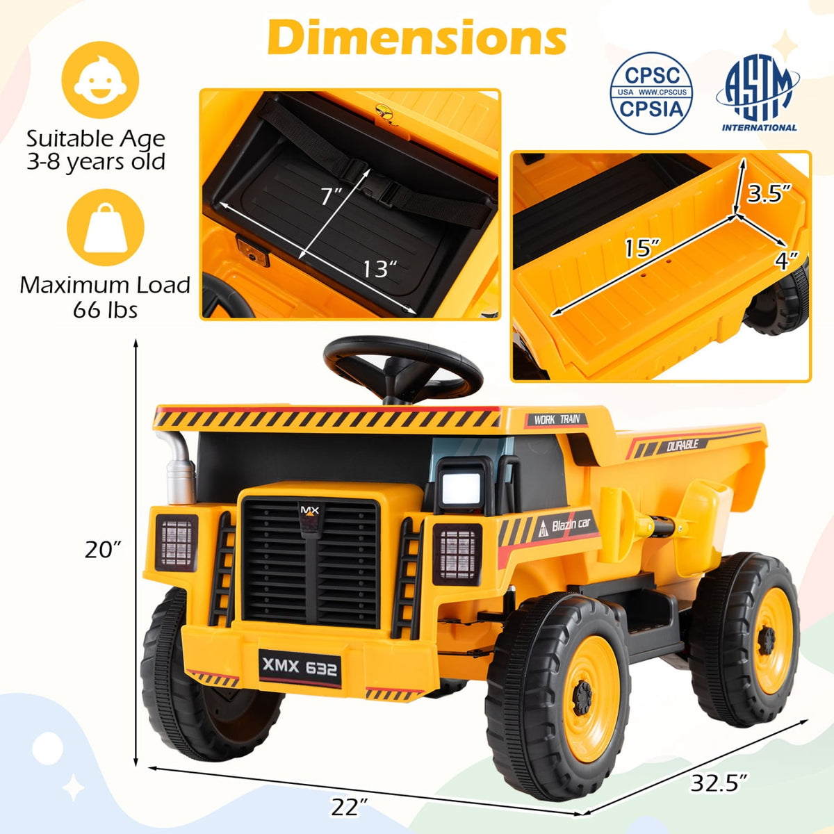 24V Construction Electric Vehicle with Dump Bed and Remote Control for Aged 3-8-Yellow view 5