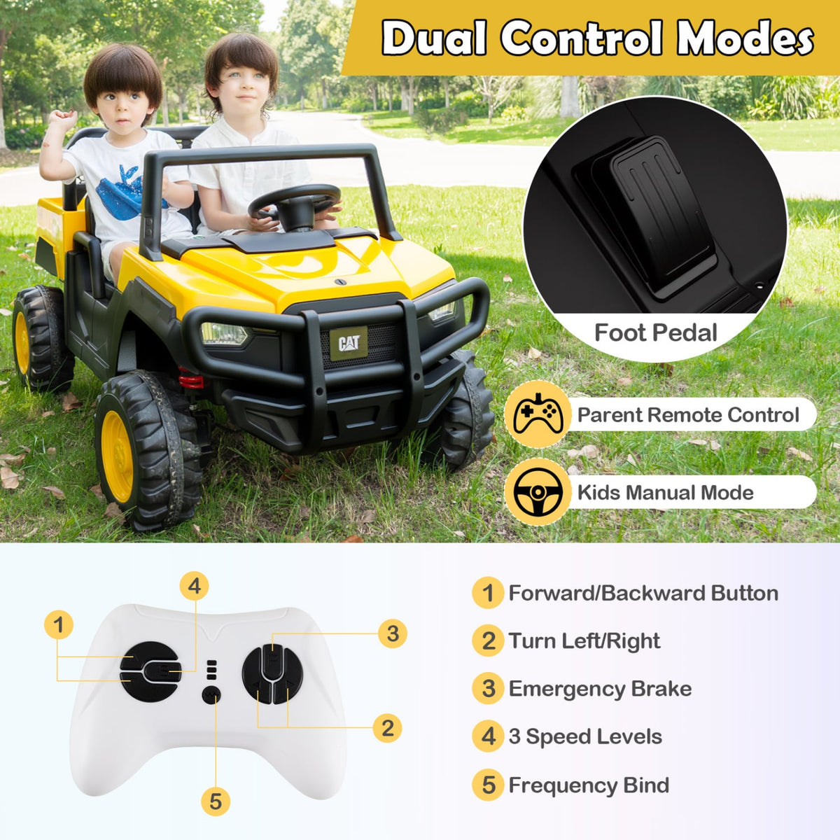 24V Ride On Dump Truck Licensed Caterpillar 2-Seater for Girls Boys-Yellow view 7
