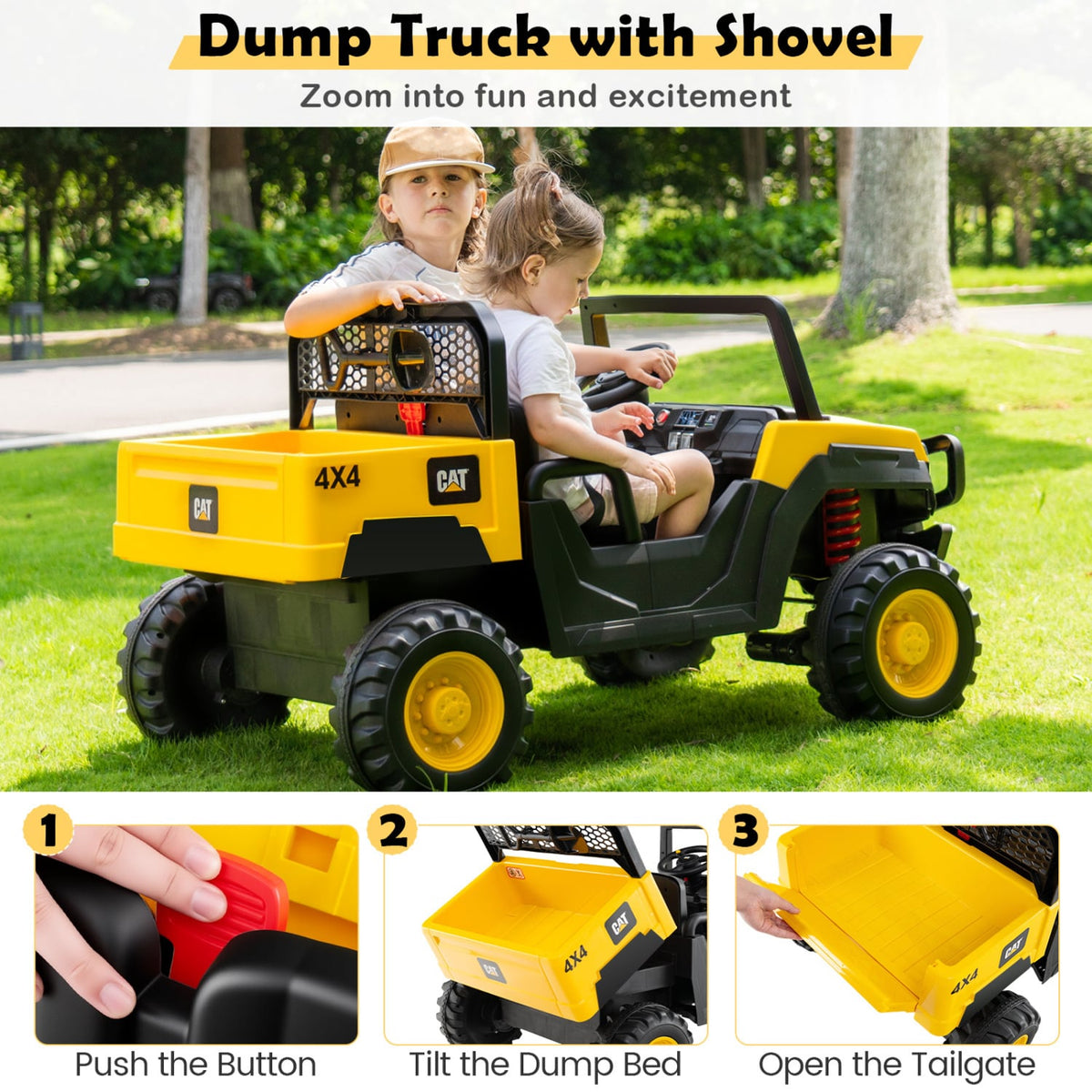 24V Ride On Dump Truck Licensed Caterpillar 2-Seater for Girls Boys-Yellow view 8