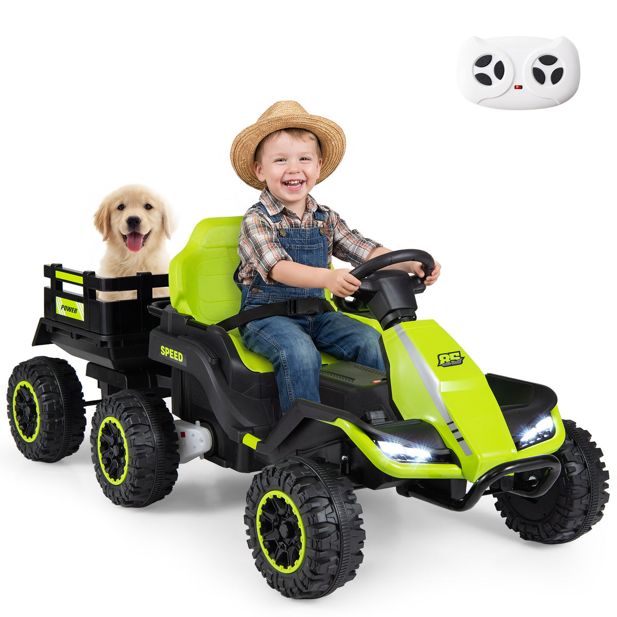 24V Ride on Tractor with Detachable Trailer and Music for Boys Girls-Green view 3