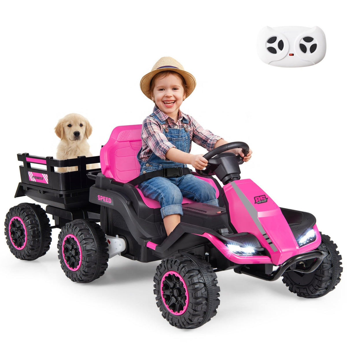 24V Ride on Tractor with Detachable Trailer and Music for Boys Girls-Pink