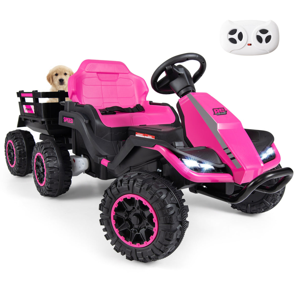 24V Ride on Tractor with Detachable Trailer and Music for Boys Girls-Pink view 3