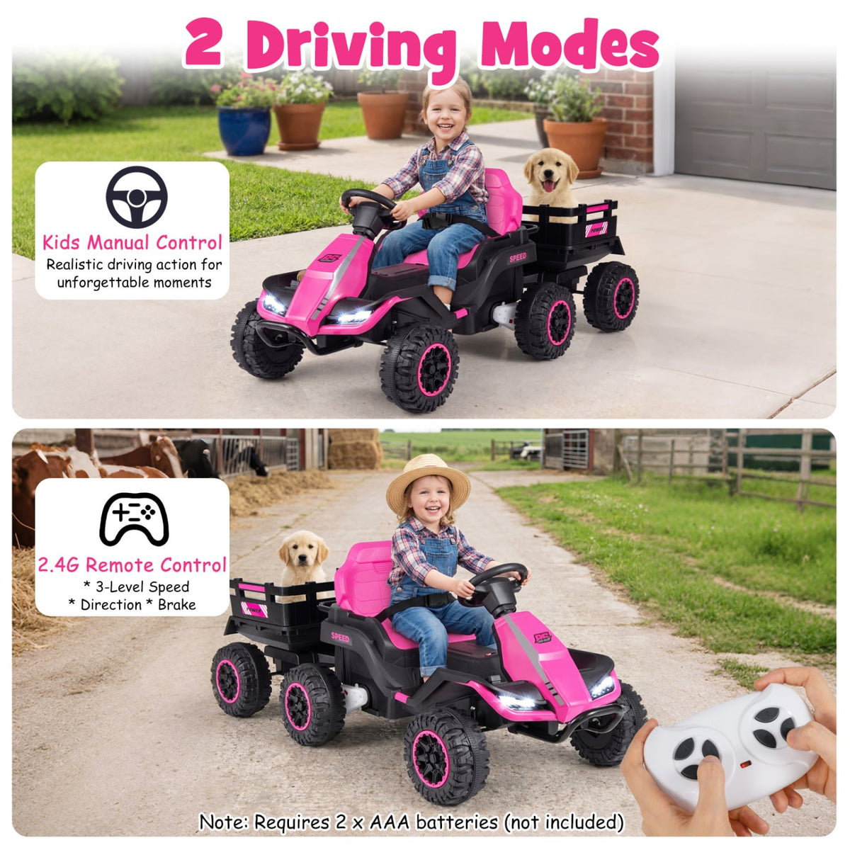 24V Ride on Tractor with Detachable Trailer and Music for Boys Girls-Pink view 5