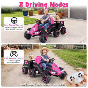 24V Ride on Tractor with Detachable Trailer and Music for Boys Girls-Pink view 5