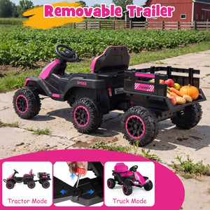 24V Ride on Tractor with Detachable Trailer and Music for Boys Girls-Pink view 7