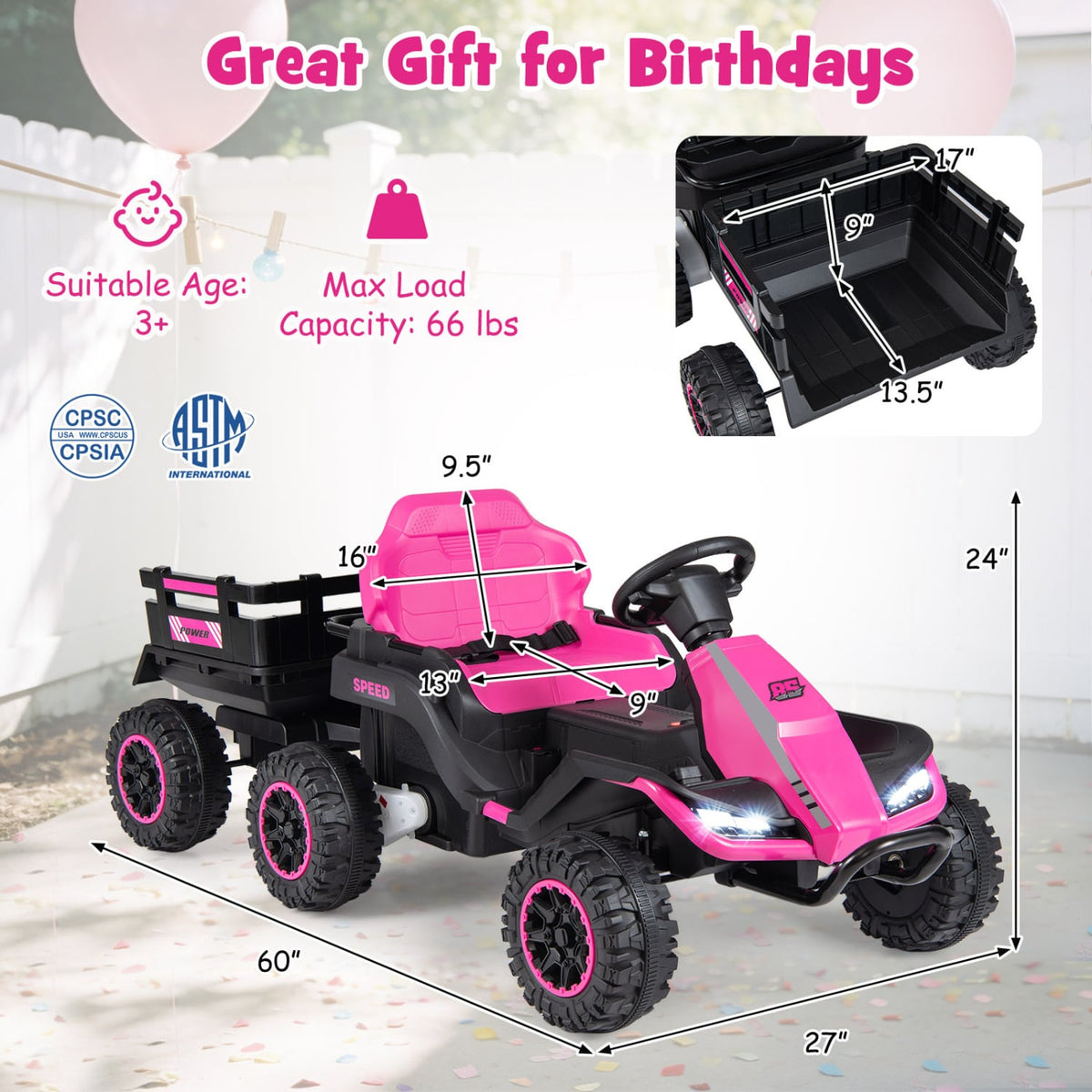24V Ride on Tractor with Detachable Trailer and Music for Boys Girls-Pink view 4