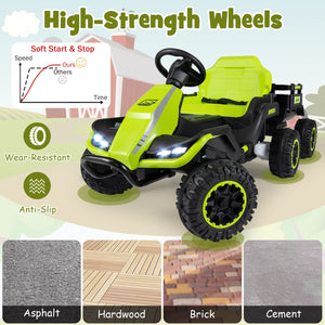 24V Ride on Tractor with Detachable Trailer and Music for Boys Girls-Green view 9