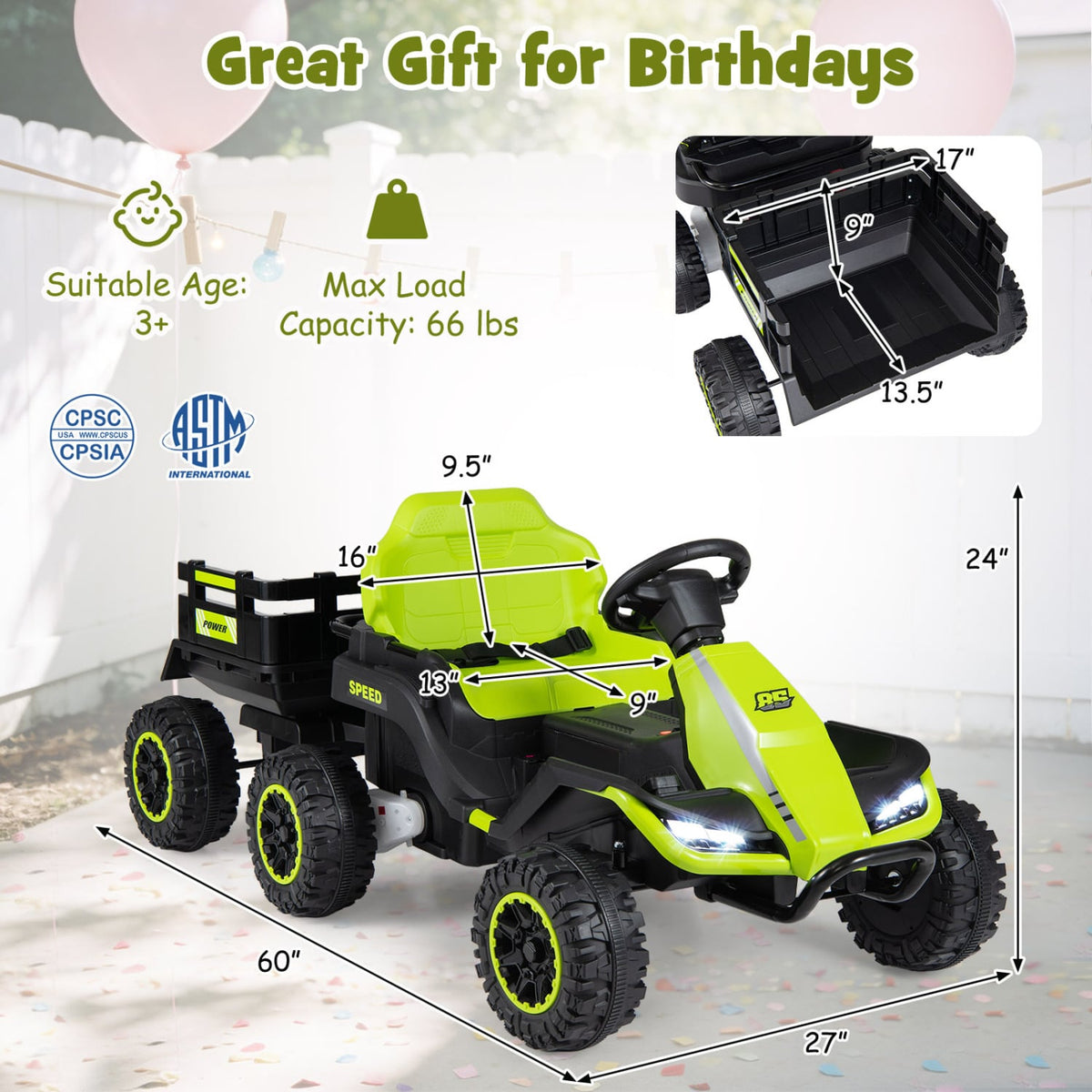 24V Ride on Tractor with Detachable Trailer and Music for Boys Girls-Green view 4